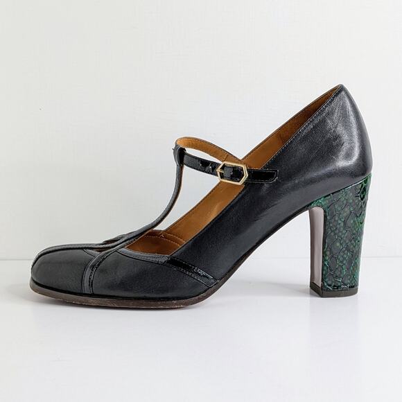 Chie Mihara T-Strap Heels 40 Black Green Snakeskin Accent Retro Glam Pinup Shoes - Picture 7 of 15